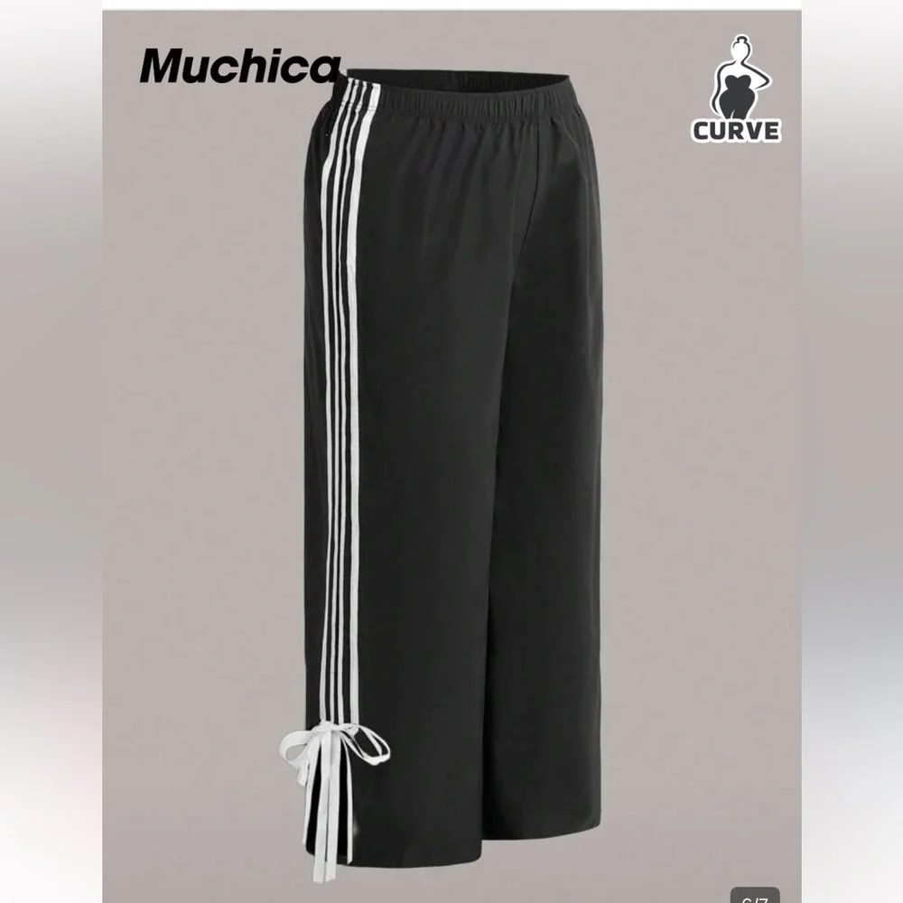 SHEIN 4X elastic waist Black Wide-Leg Track Pants with Side Stripes and Ties - Picture 3 of 5